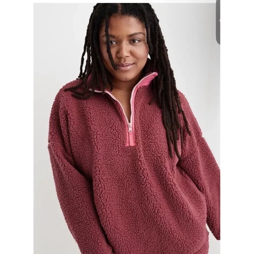 Aerie Women's Sherpa‎ pullover 1/4 zip Sweater Jacket Super Soft Wine Color Sz M